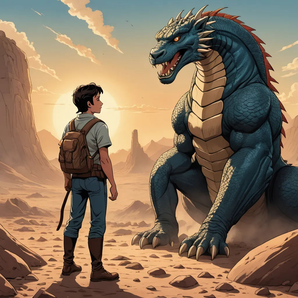 a boy standing next to a large dragon on a desert landscape with a man looking at it in the distance, fantasy art, a storybook illustration, Adam Rex, josan gonzales and dan mumford