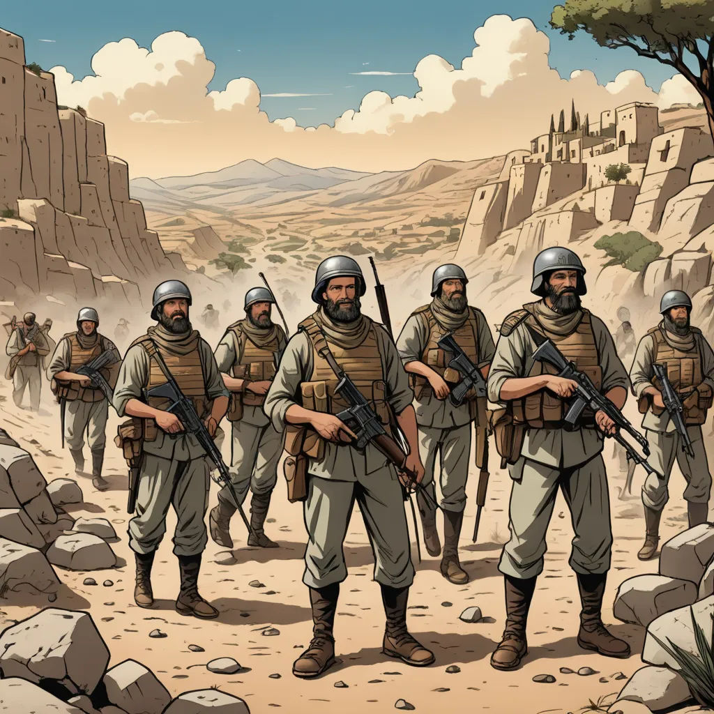 a group of soldiers walking through a desert landscape with mountains in the background and a sky with clouds in the background, unilalianism, a comic book panel, Asaf Hanuka, laurie greasley
