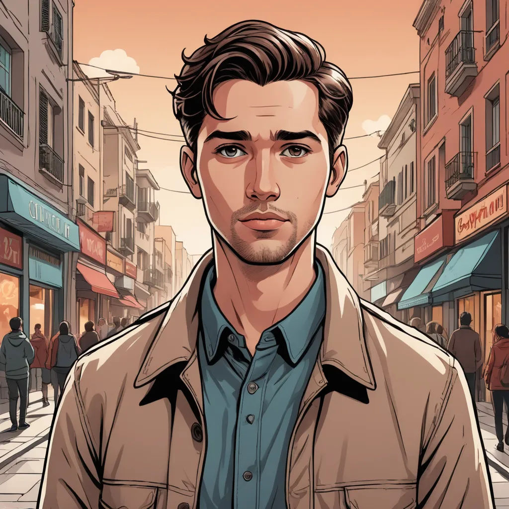 a man standing in front of a street with buildings and people on it, in a cartoon style, with a man in a blue shirt and tan jacket, serial art, a character portrait, Cedric Seaut (Keos Masons), character portrait