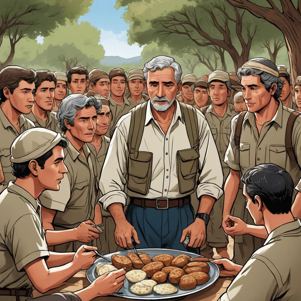 a painting of a man serving food to a group of men in uniform, with trees in the background, socialist realism, a comic book panel, Alejandro Burdisio, official art