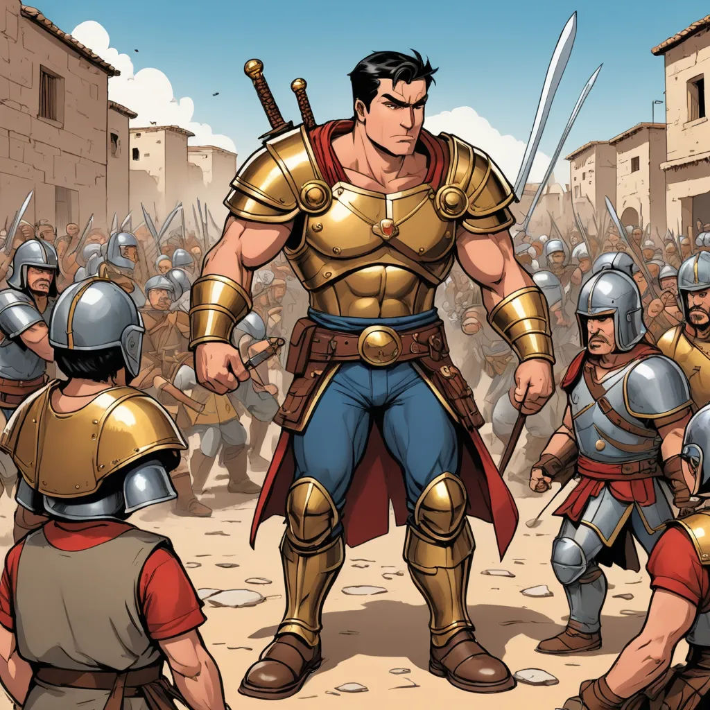 a cartoon of a roman soldier surrounded by other soldiers and men in armor and armor clothing, with a sword in his hand, antipodeans, a comic book panel, Altoon Sultan, western comic book art