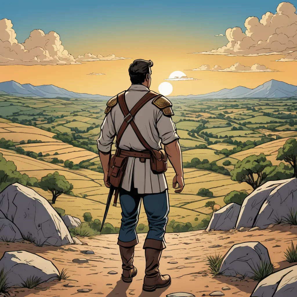 a man with a backpack is looking at the horizon of a valley and mountains in the distance, with a sunset in the background, fantasy art, a comic book panel, Diego Gisbert Llorens, comic cover art