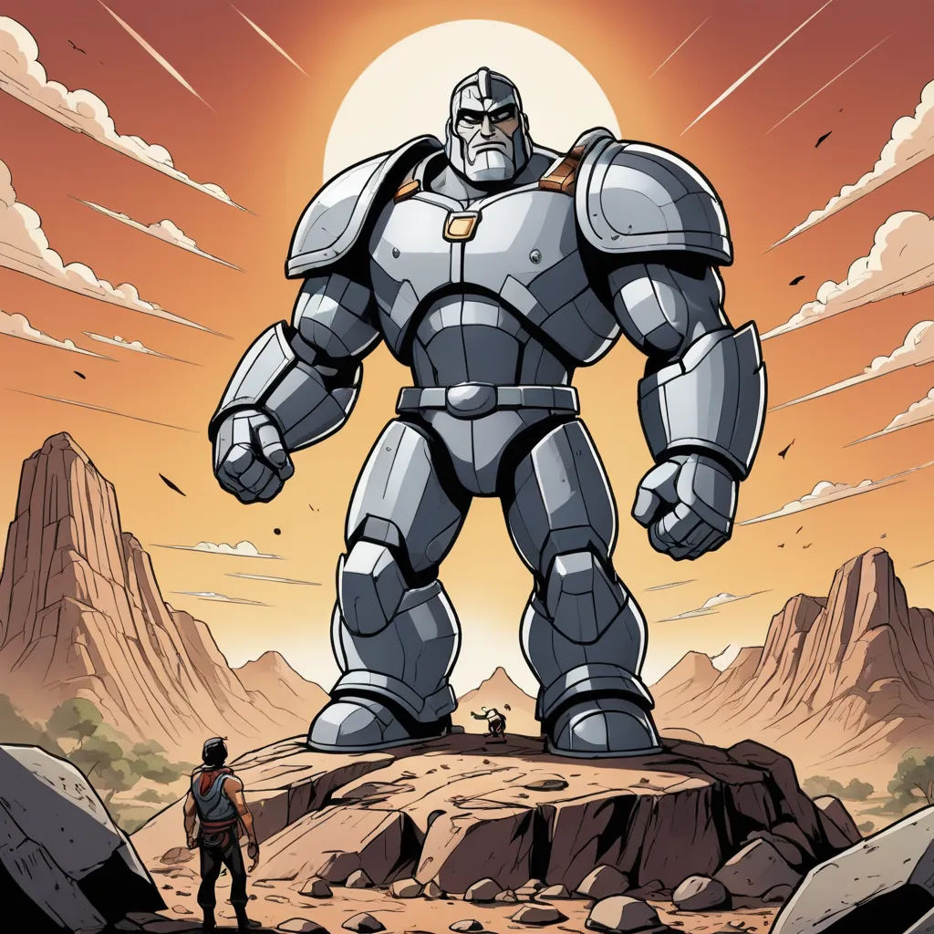 a cartoon of a giant robot standing on a rocky hill with a man standing next to it in front of a sunset, sots art, a comic book panel, Benjamin Marra, comic cover art