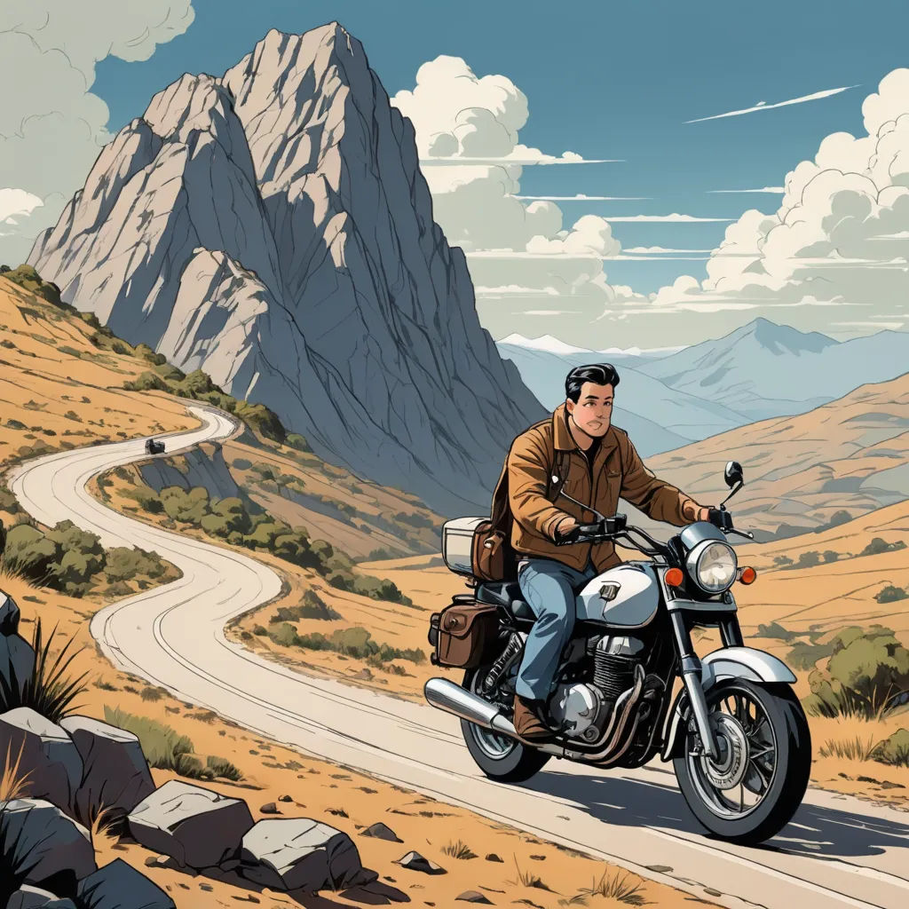 a man riding a motorcycle down a road next to a mountain range with a sky background and clouds in the sky, american scene painting, a comic book panel, Diego Gisbert Llorens, western comic book art