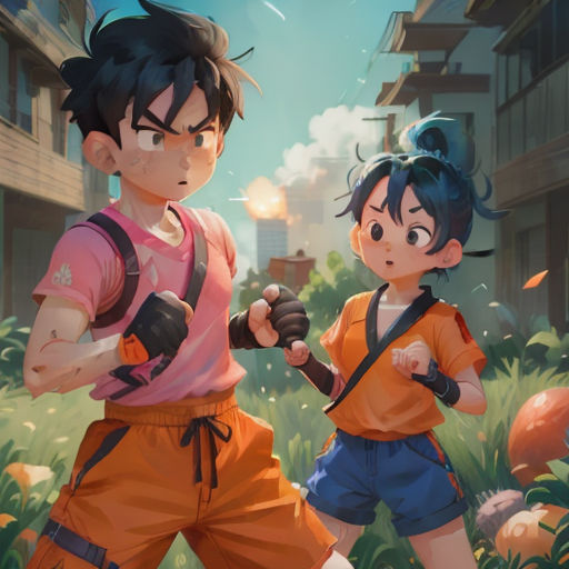 a couple of people standing next to each other in a field of flowers and grass with buildings in the background