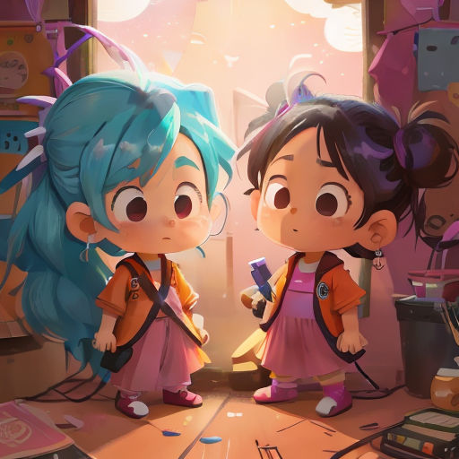 two cartoon characters standing in a room with a cat on the floor and a cat on the floor behind them
