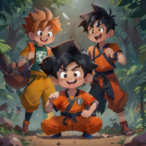 three children in the jungle with a backpack and a backpack on their back, one boy is holding a book