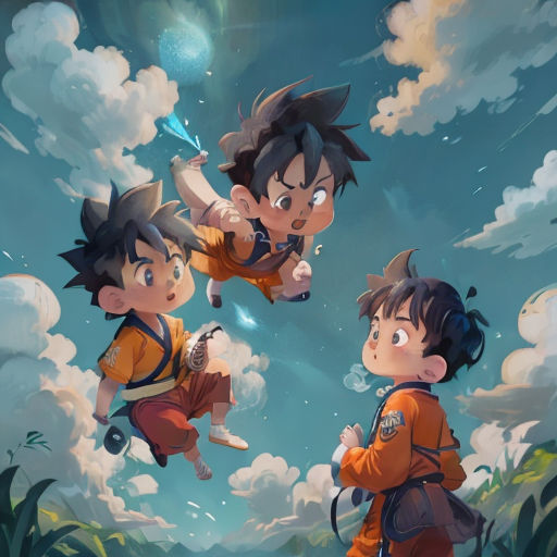 three young boys flying through the air in a cartoon style scene with clouds and a sky background, with a boy in the foreground