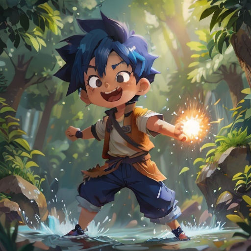 a boy with blue hair and a blue shirt is holding a light in his hand in a jungle area