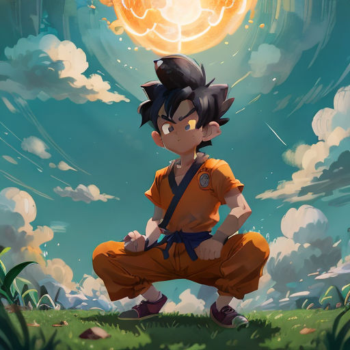 a young boy in a yellow shirt and orange pants is standing in front of a blue sky with clouds