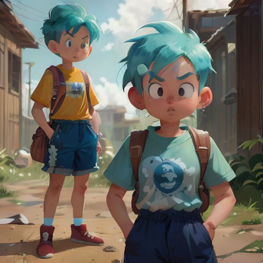 two young boys standing next to each other in a village with a sky background and a building with a few windows