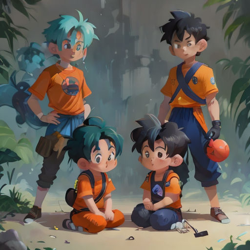 a group of young boys standing next to each other in front of a forest with plants and rocks on the ground