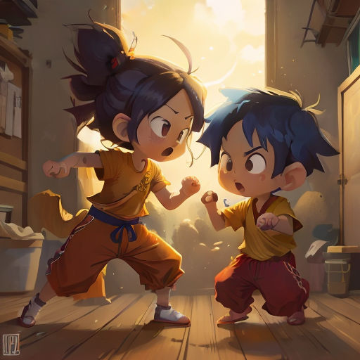 two children are fighting in a room with a door open and a light shining in the background and a person standing in the middle of the room
