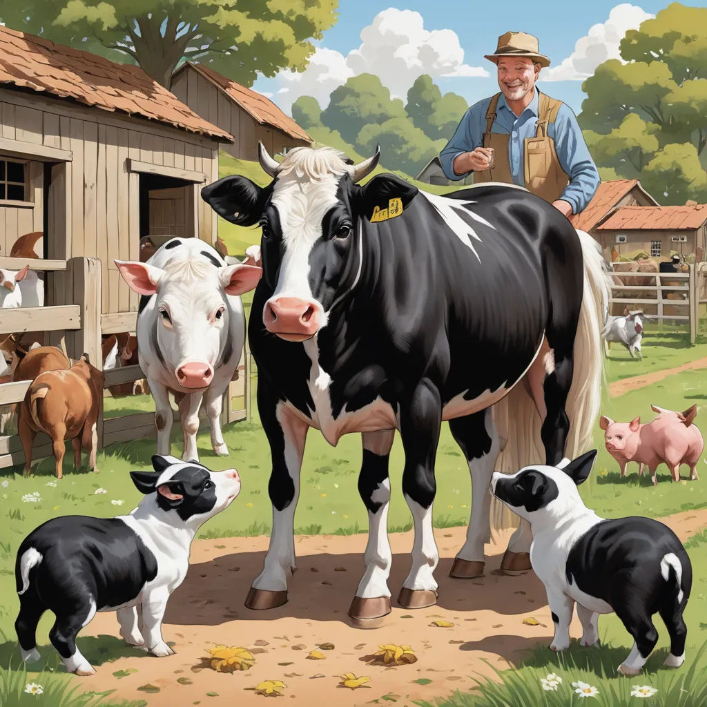 a man is standing in front of a herd of cows and cows in a field with a barn in the background, american scene painting, a storybook illustration, Brian Despain, highly detailed digital painting