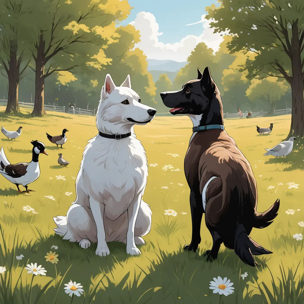 a dog and a duck are sitting in a field of grass and flowers, with ducks in the background, american scene painting, a storybook illustration, Anson Maddocks, official art