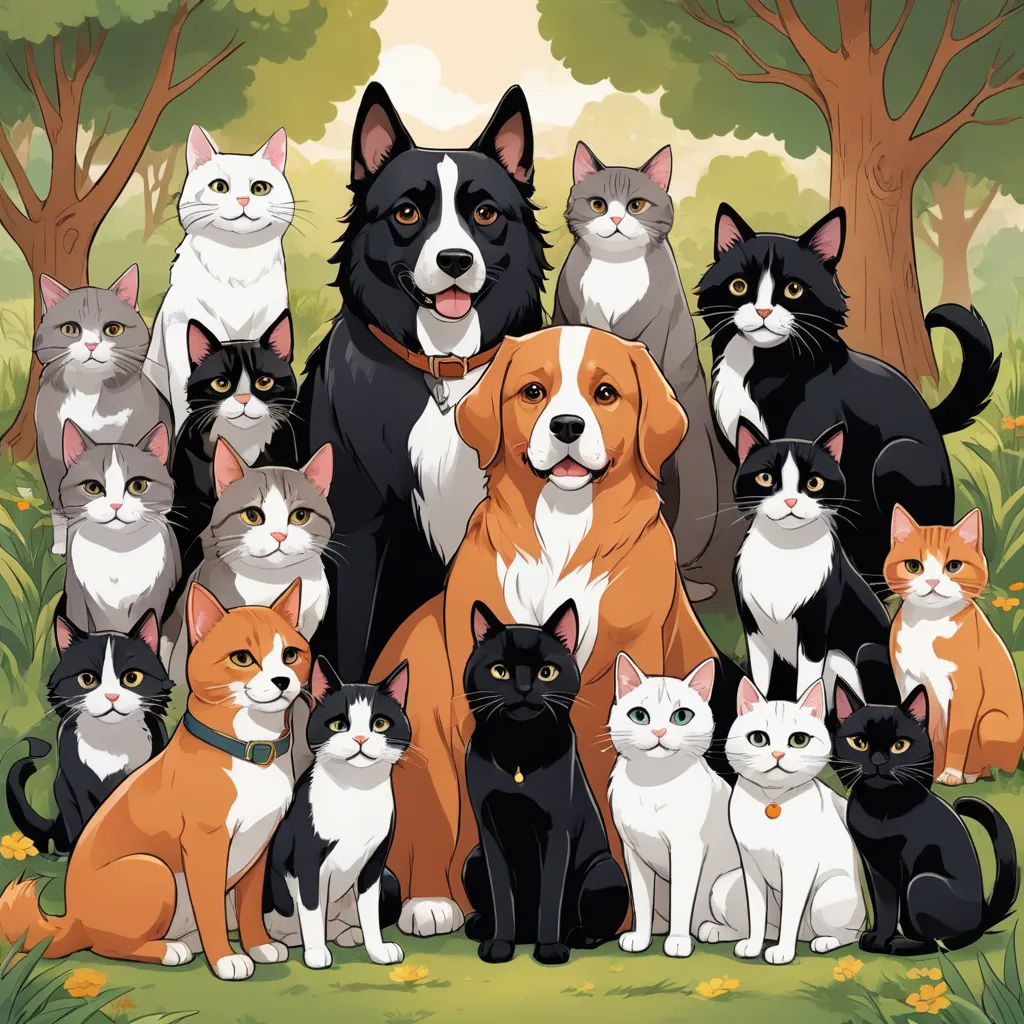 a group of cats and dogs standing in a forest with trees and grass in the background, with a dog in the middle, furry art, a storybook illustration, Carlos Catasse, highly detailed digital art