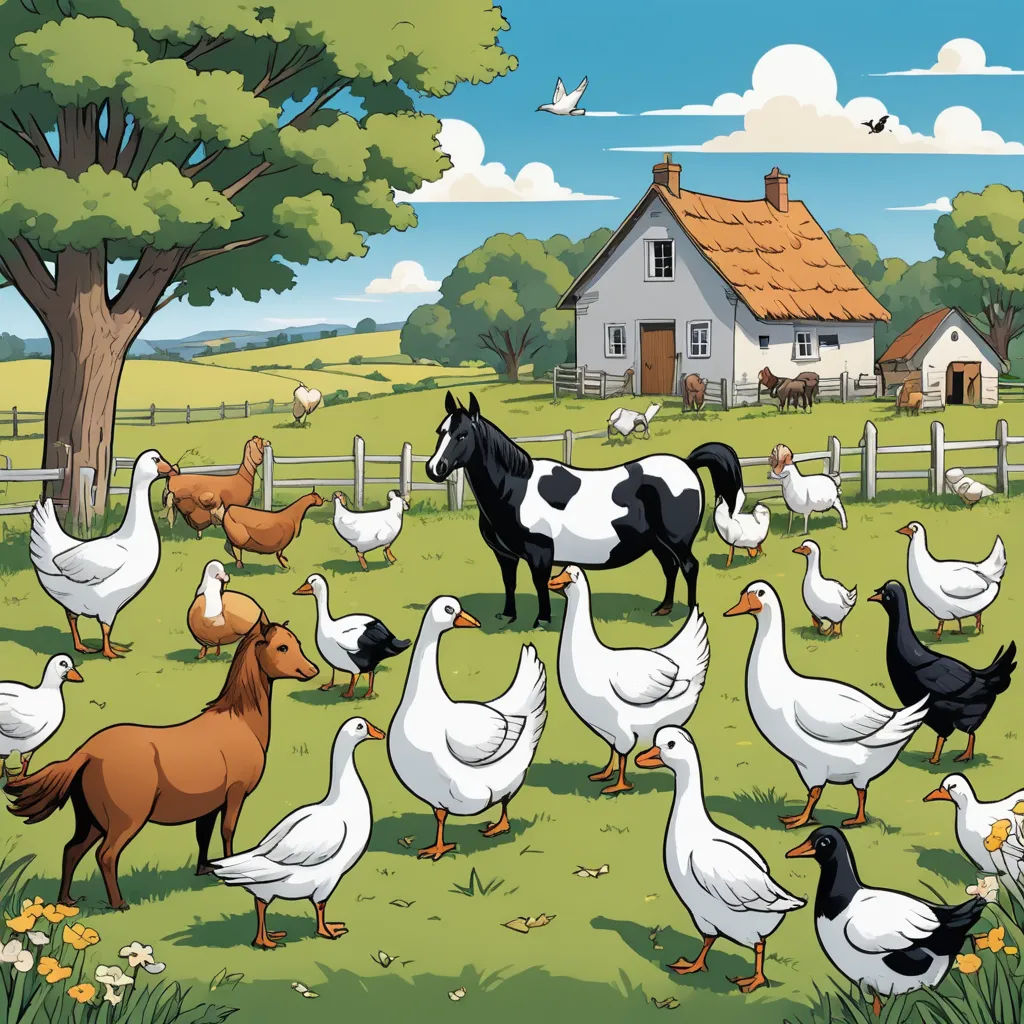 a farm scene with a horse, a cow, and many ducks and geese in the grass and a barn in the background, american scene painting, a storybook illustration, Chris Ware, storybook illustration