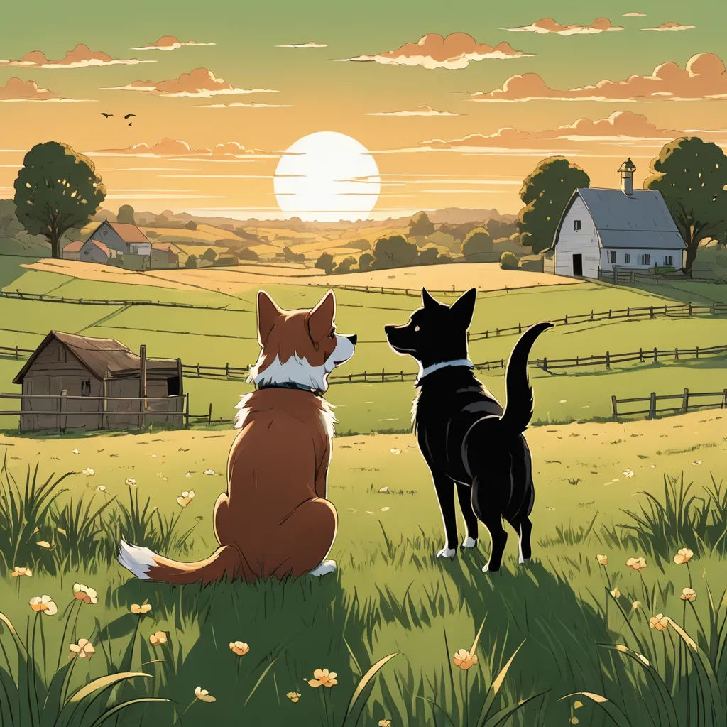 a dog and a cat are sitting in a field looking at each other and a barn in the background, american scene painting, a storybook illustration, Atey Ghailan, promotional image