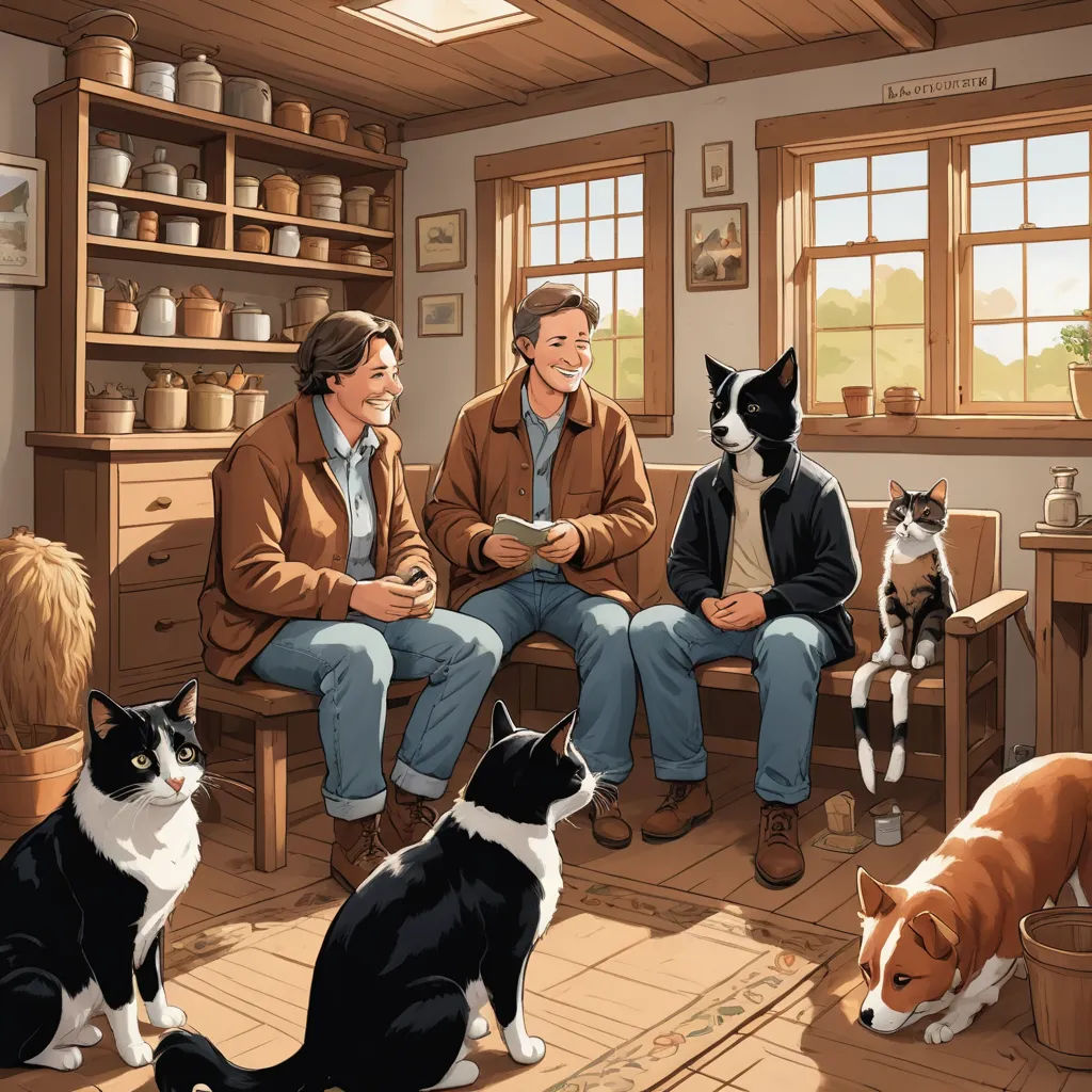 a couple of men sitting on a couch with cats and dogs in a room with a dog and cat, american scene painting, a storybook illustration, Brothers Hildebrandt, storybook illustration