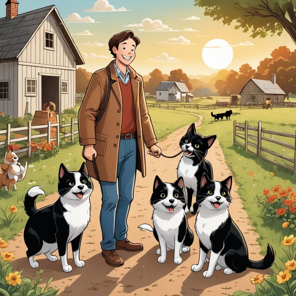 a man walking a dog with four dogs on a leash in front of a farm with a dog and a cat, furry art, a comic book panel, David Brewster, comic cover art
