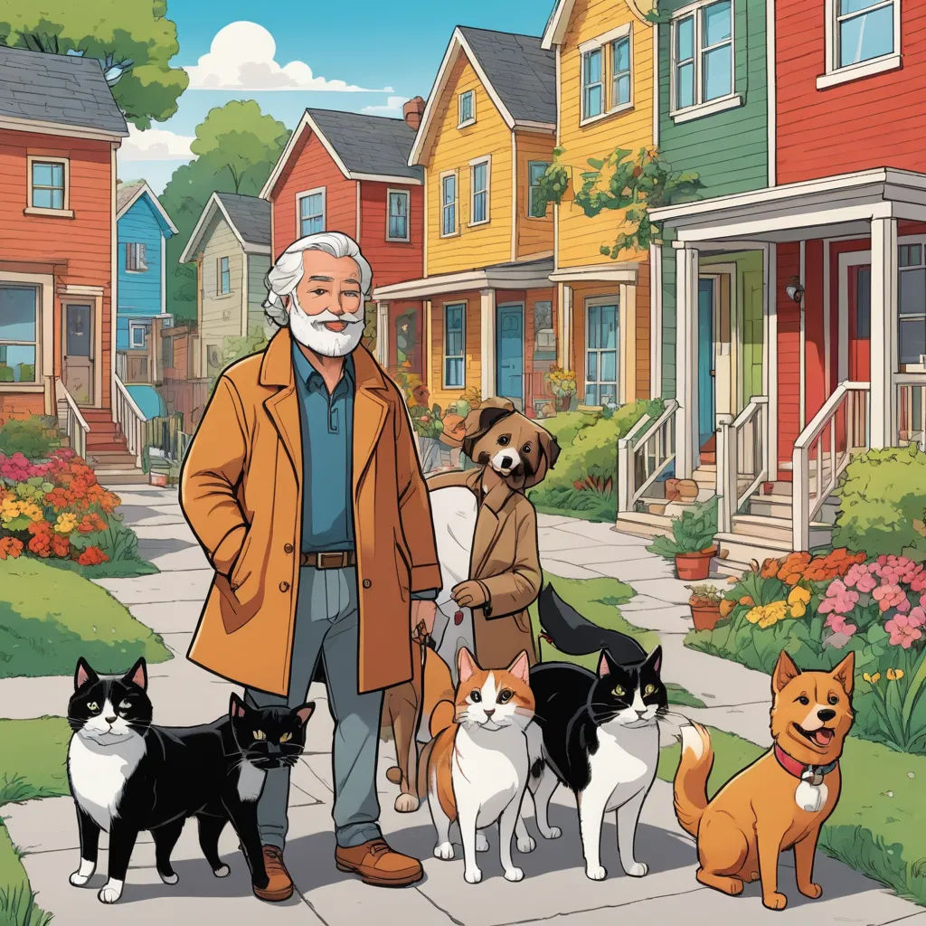 a man standing in front of a group of dogs on a sidewalk next to a house with a dog on the sidewalk, furry art, a storybook illustration, David Brewster, official art
