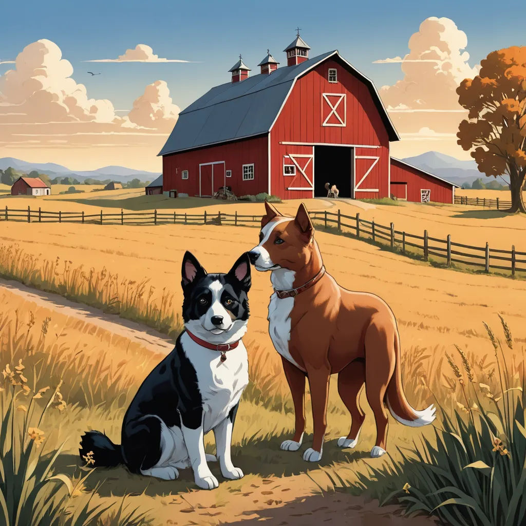 a painting of two dogs in a field with a barn in the background and a red barn in the background, american scene painting, a storybook illustration, Chris LaBrooy, key art