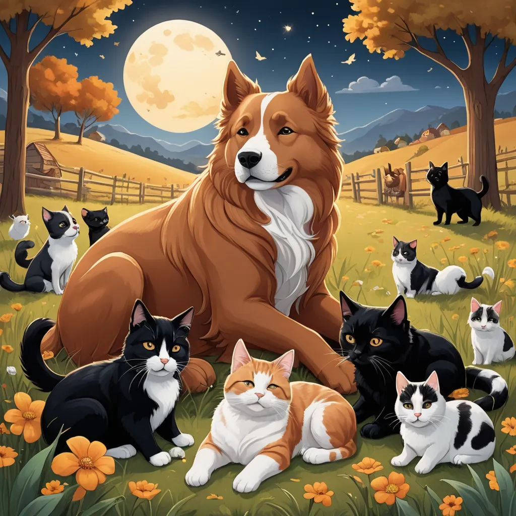 a dog and many cats are sitting in the grass near a fence and trees with a full moon in the background, furry art, an album cover, Anne Said, comic cover art