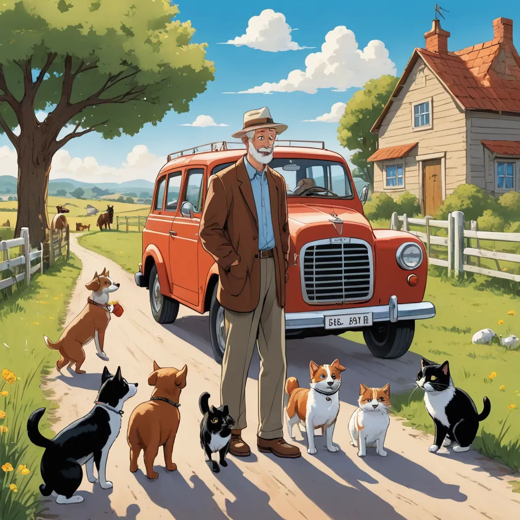 a man standing in front of a red truck with dogs around him and a herd of cows behind him, american scene painting, a storybook illustration, Aaron Jasinski, official art