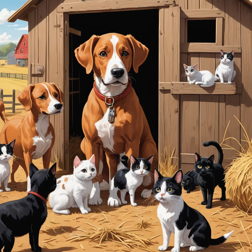 a painting of a dog and many cats in a barn with hay and hay bales on the ground, american scene painting, a storybook illustration, Brothers Hildebrandt, highly detailed digital painting