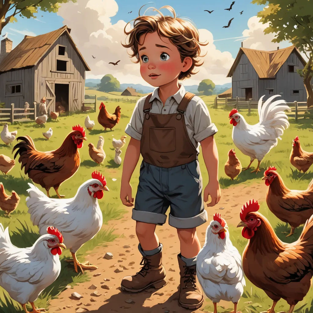 a boy standing in a field with chickens and a barn in the background with a sky background and a few birds, american scene painting, a storybook illustration, Aaron Jasinski, storybook illustration