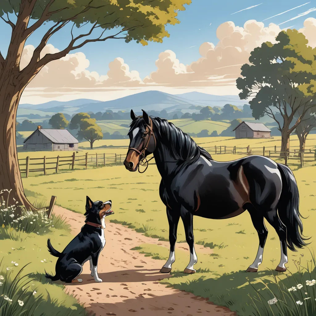a horse and a dog are standing in a field near a tree and a fence with a barn in the background, american scene painting, a storybook illustration, Bob Ringwood, storybook illustration