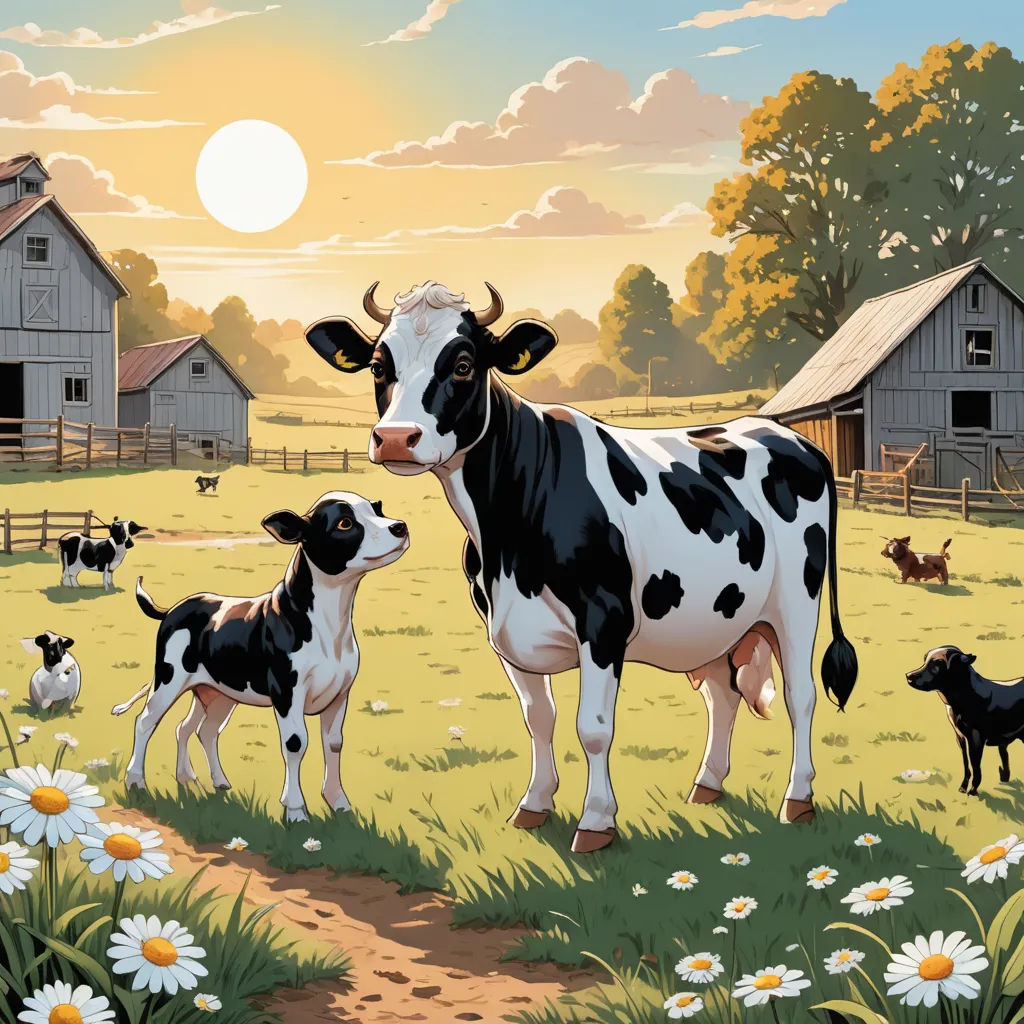 a painting of a cow and her calf in a field of daisies and daisies in front of a barn, american scene painting, a storybook illustration, Chris Ware, trending on furaffinity