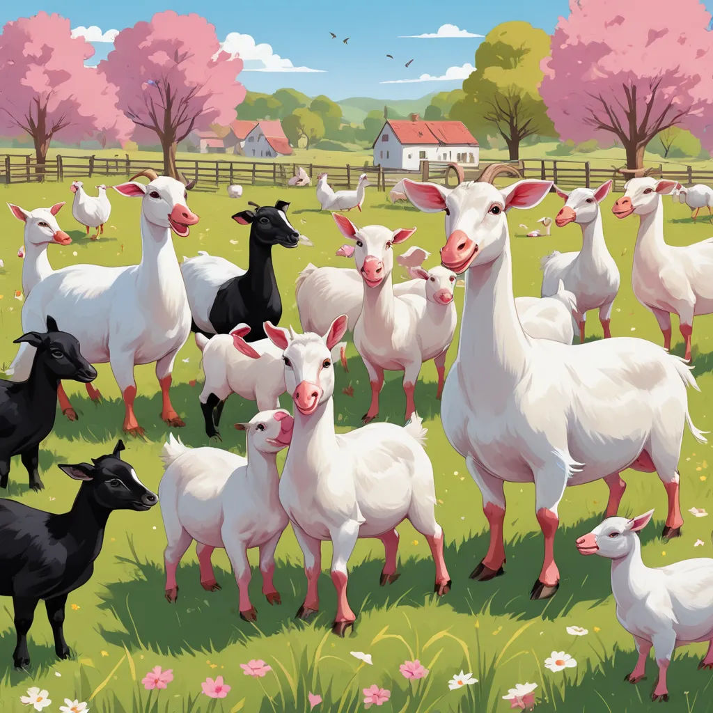 a painting of a herd of sheep in a field with a house in the background and a pink tree, generative art, a storybook illustration, Chris LaBrooy, promotional image