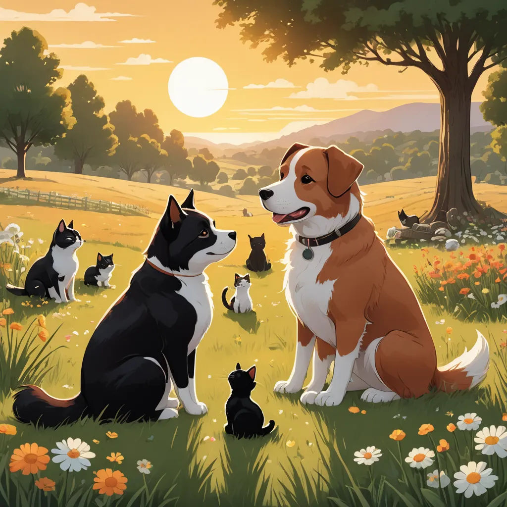 a painting of a dog and a cat in a field of flowers with a sunset in the background and a dog looking at another cat, sots art, a storybook illustration, David Brewster, official art