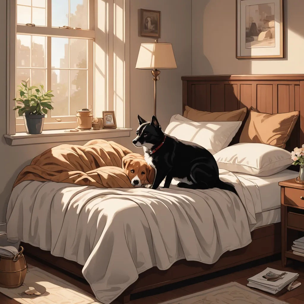 a painting of two dogs laying on a bed in a bedroom with a window and a lamp on the side table, american scene painting, a storybook illustration, Atey Ghailan, edward hopper and james gilleard