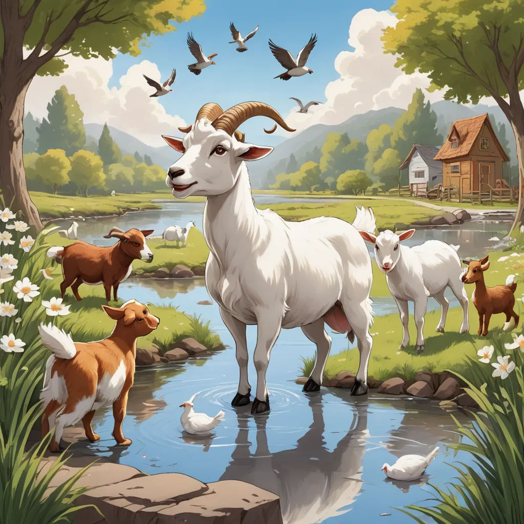 a painting of a goat and other animals by a pond with ducks and geese in the background and a house in the background, altermodern, a storybook illustration, Chris LaBrooy, official art