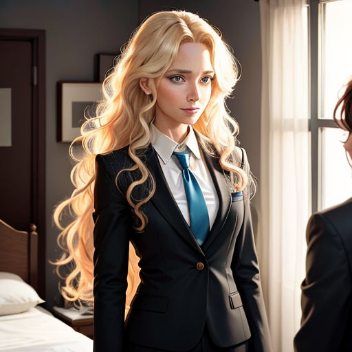a woman in a suit and tie standing next to a bed in a room with a window and a bed