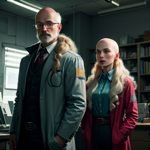 a man and a woman standing in an office with a bald head and a bald man in a suit
