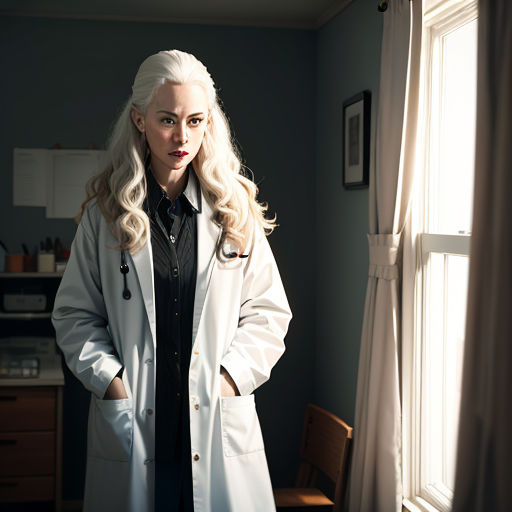 a woman in a lab coat standing in a room with a window and a chair in front of her