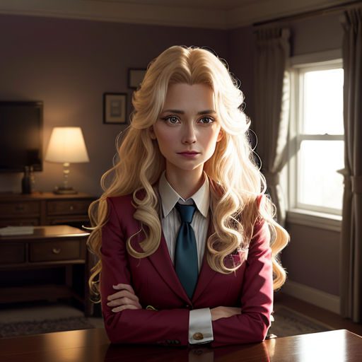 a woman in a suit and tie standing in a room with a desk and a lamp on it,