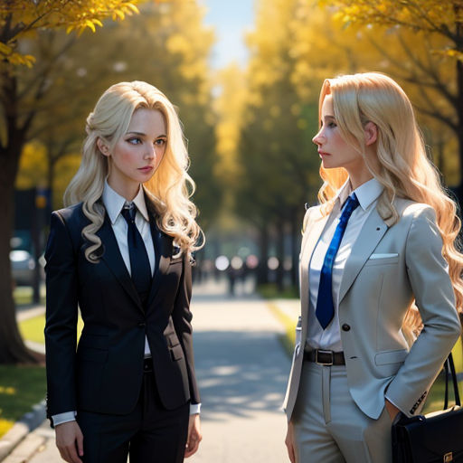two women in suits standing on a sidewalk in the sun light, one of them is wearing a blue tie