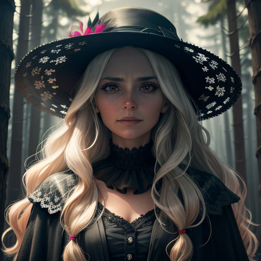 a woman with long blonde hair wearing a black hat and dress in a forest with tall trees and a pink flower