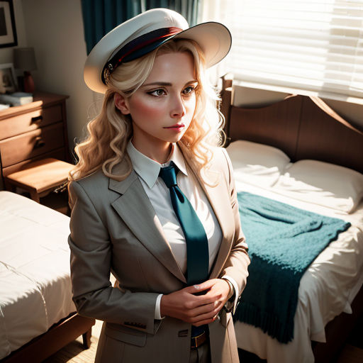 a woman in a suit and hat standing in a bedroom next to a bed and a window with a blue curtain