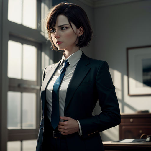 a woman in a suit and tie standing in a room with a desk and window behind her, looking at the camera