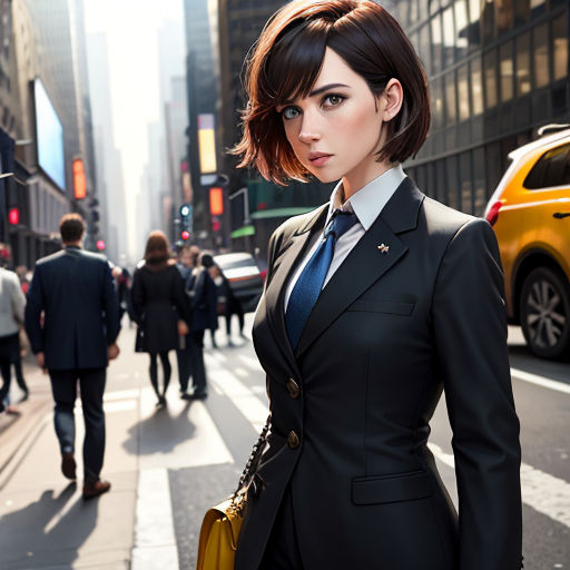 a woman in a suit and tie standing on a street corner in a city with people walking by and a taxi cab