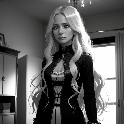 a woman with long blonde hair and a black outfit standing in a room with a chandelier and a window