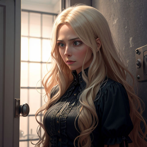 a woman with long blonde hair standing in front of a door with a window behind her and looking into the distance