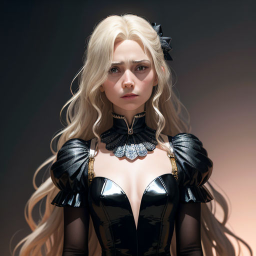 a woman in a black outfit with long blonde hair and a black collar and black gloves and a black dress