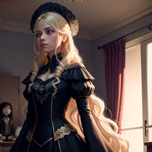 a woman in a black dress with long blonde hair and a black hat and dress with a flower on it