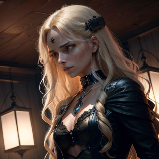 a woman in a leather outfit with a sword in her hand and a lantern in the background, with a light on